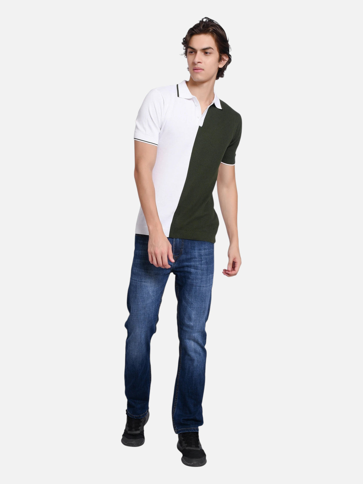 Men's Olive Green & White Colour-Block Knit Polo T-Shirt