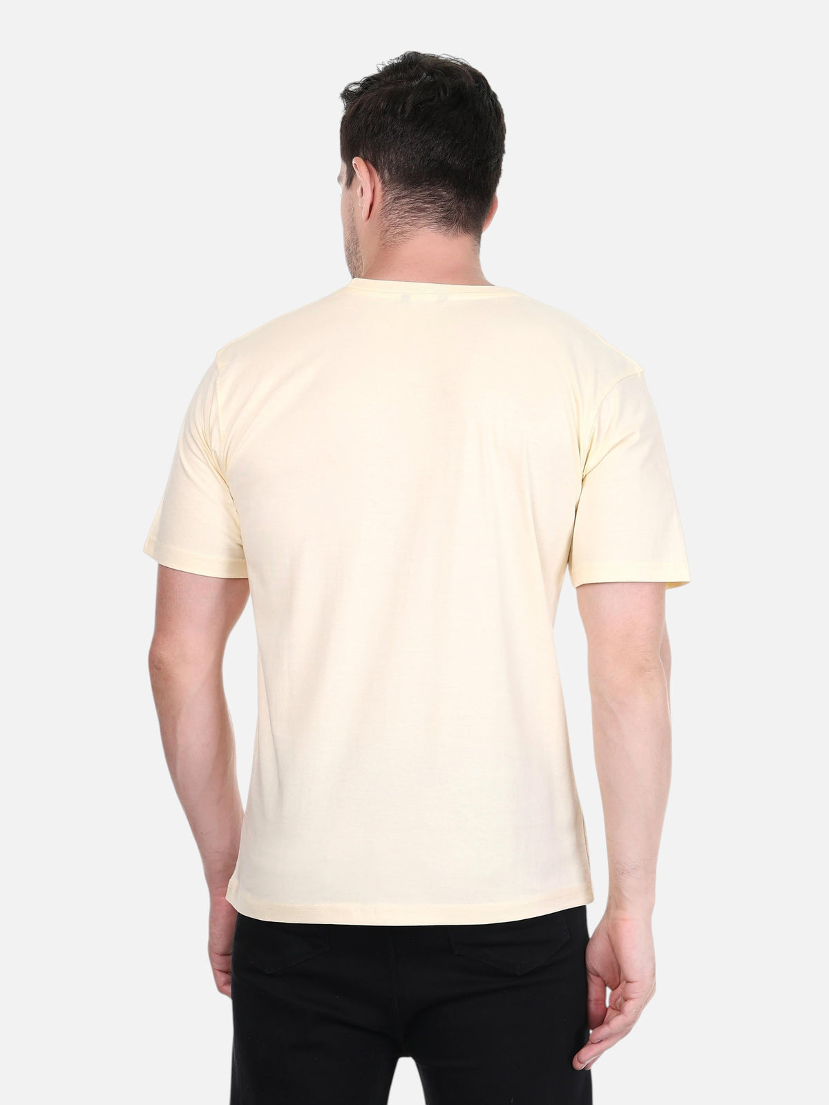Back view of a man wearing an enaay.com beige 100% cotton round neck t-shirt with a regular fit