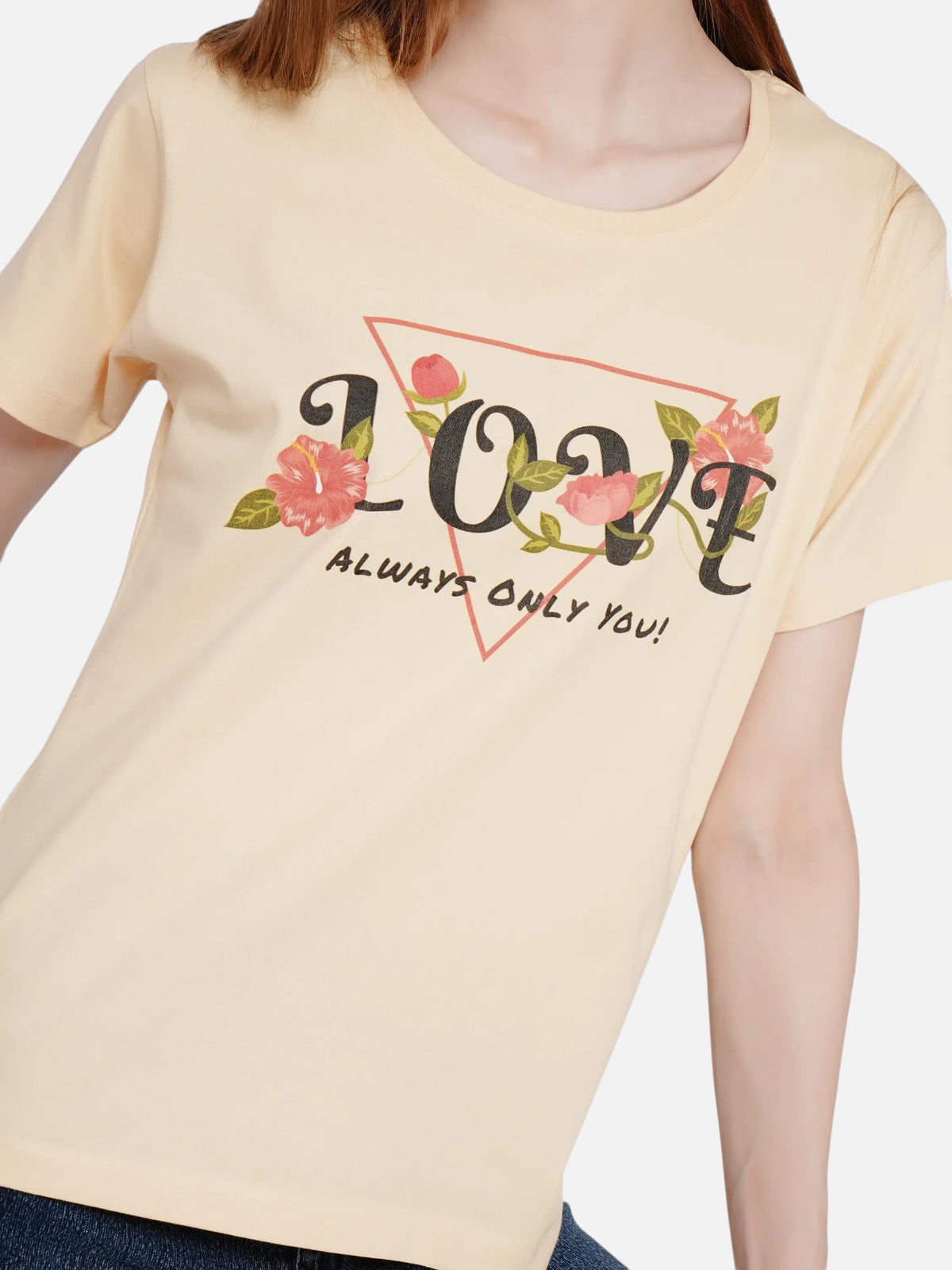 enaay.com beige crew-neck cotton t-shirt featuring a floral Love Always Only You graphic print for women