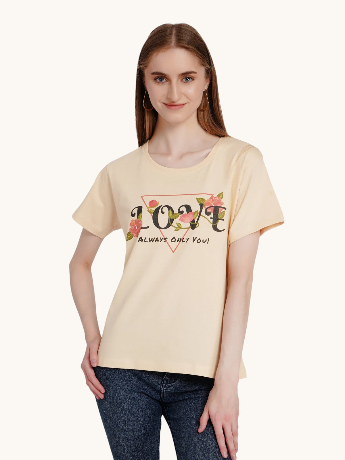 enaay.com beige cotton crew-neck t-shirt for women featuring a Love Always Only You floral graphic print
