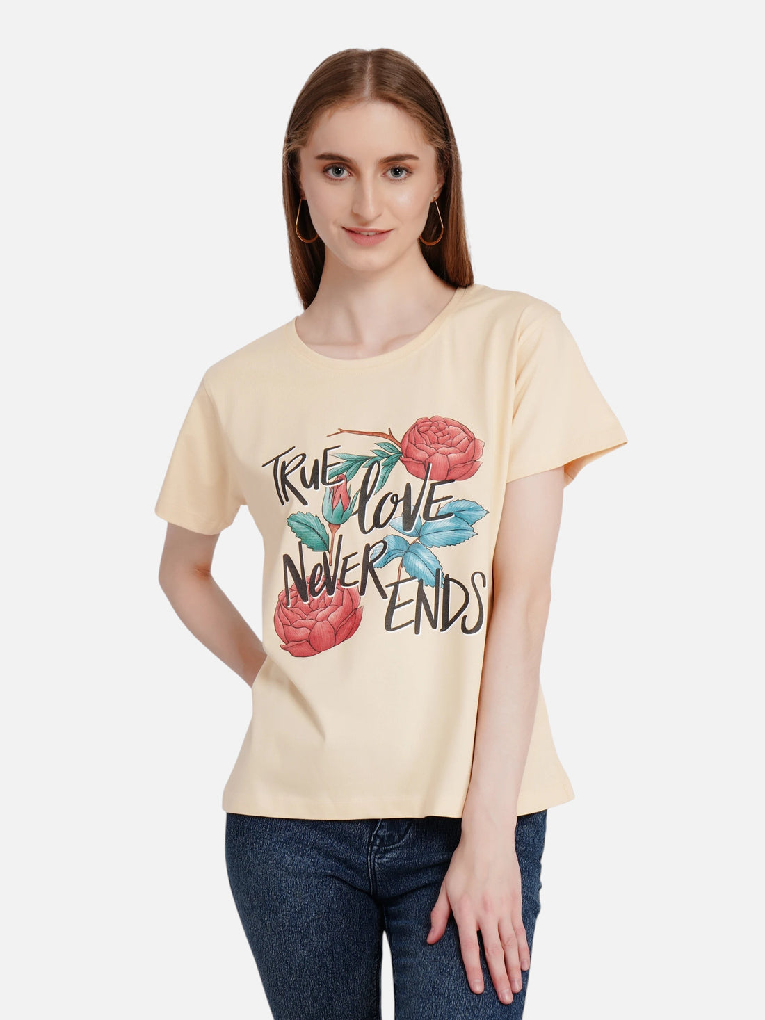 enaay.com beige crew-neck cotton t-shirt featuring a True Love Never Ends floral graphic print on a female model