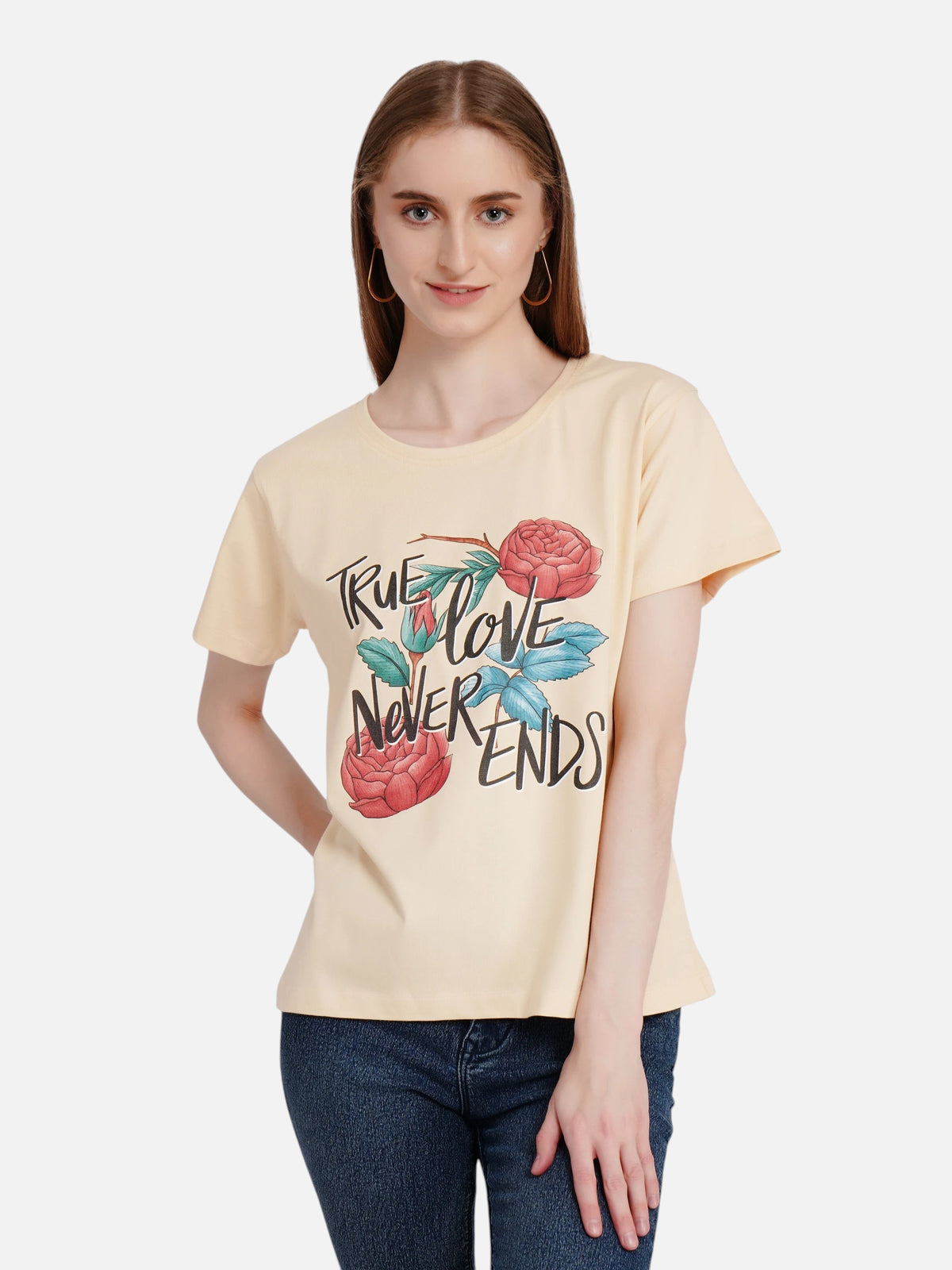 enaay.com beige crew-neck cotton t-shirt featuring a True Love Never Ends floral graphic print on a female model