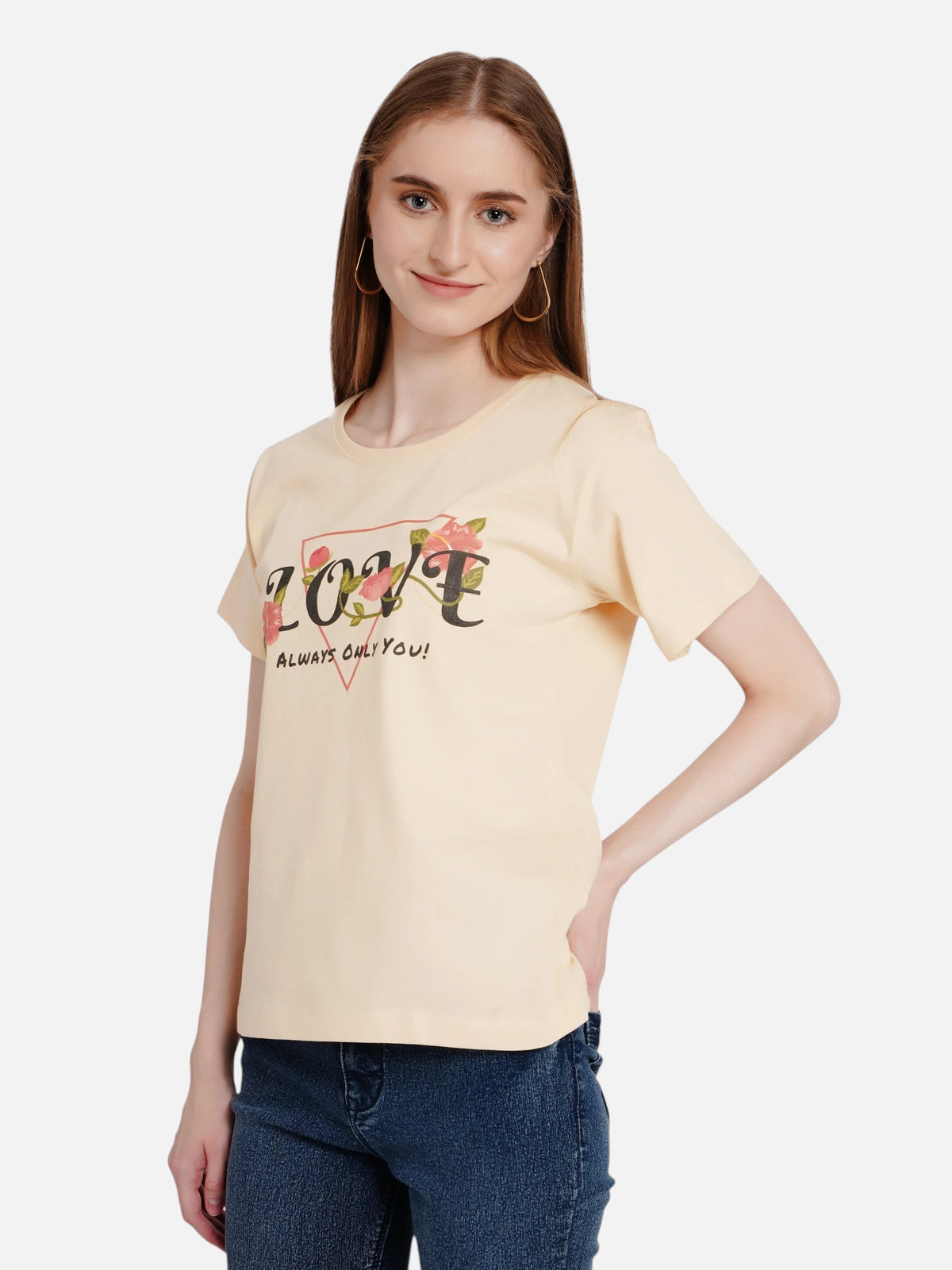 Model wearing an enaay.com beige cotton crew-neck t-shirt with a floral Love Always Only You graphic print