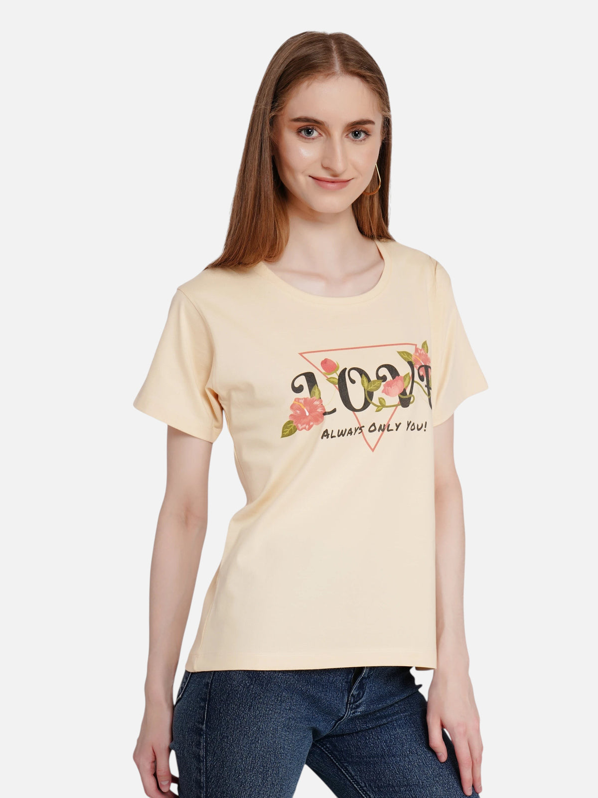 Model wearing an enaay.com beige cotton crew-neck t-shirt with Love Always Only You floral graphic print
