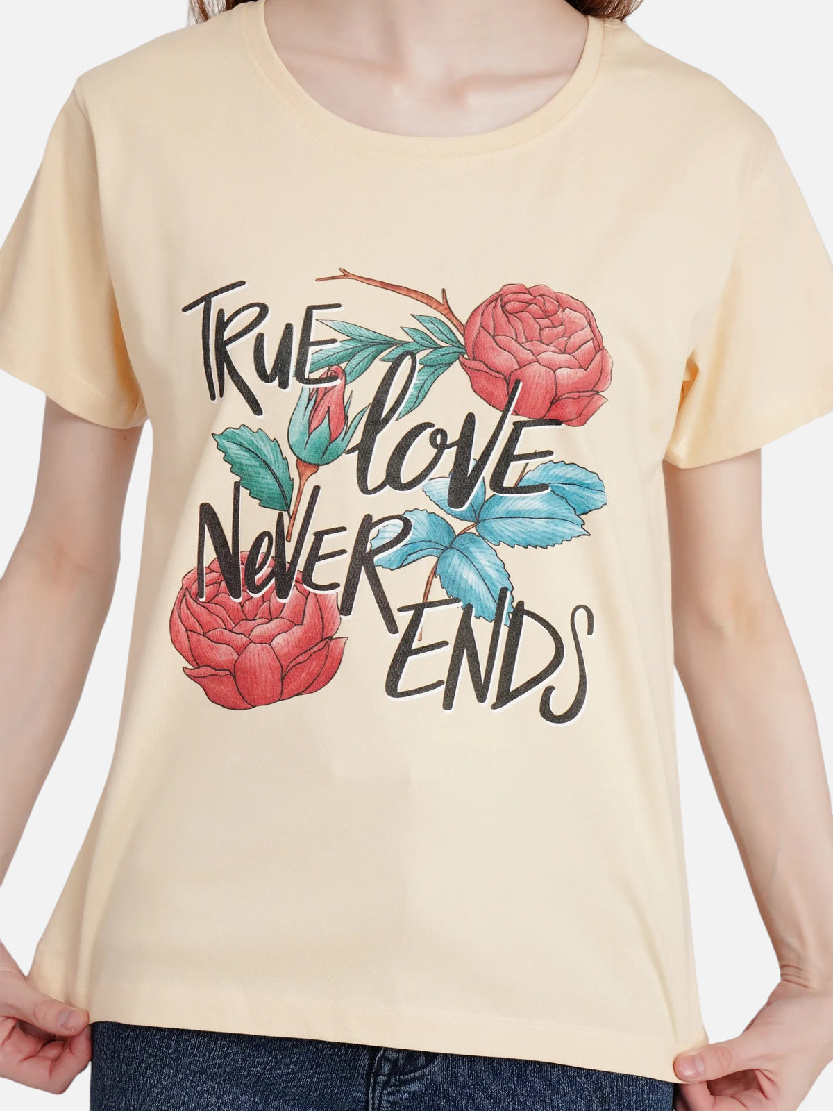 enaay.com beige cotton crew-neck t-shirt featuring a True Love Never Ends floral graphic print for women