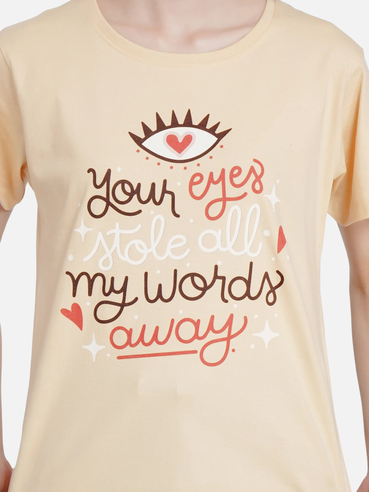 enaay.com light beige cotton t-shirt with romantic eye and heart graphic print and hand-lettered typography