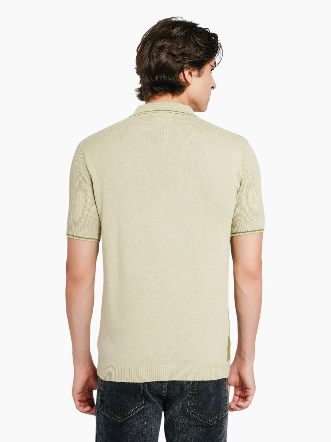 enaay.com men's beige and olive green colour block knit polo shirt with a classic collar and short sleeves
