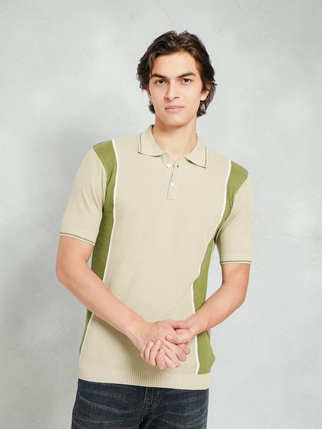 enaay.com men's beige and olive green colour block knit polo shirt with a classic collar and short sleeves