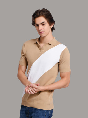Male model wearing an enaay.com beige and white diagonal stripe knit polo shirt with a classic collar and ribbed cuffs.