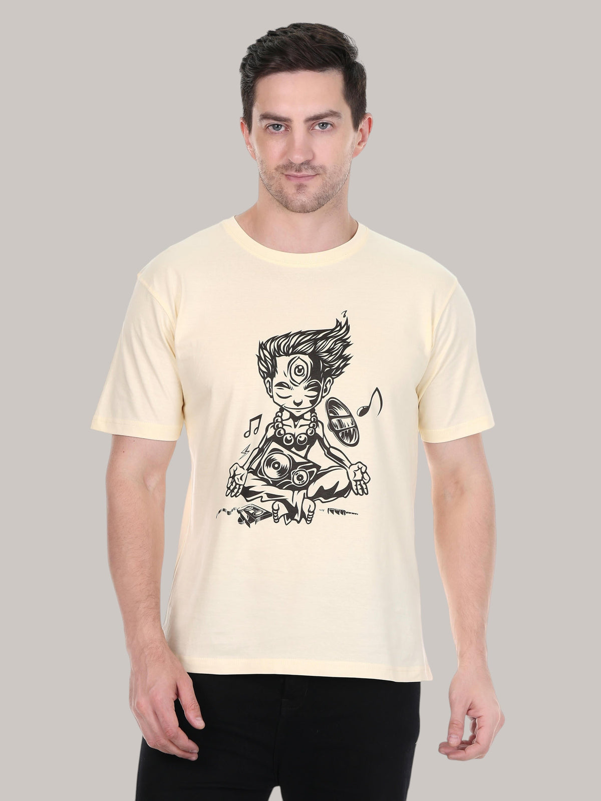 enaay.com men's beige cotton round neck t-shirt featuring a black meditating music yogi graphic print