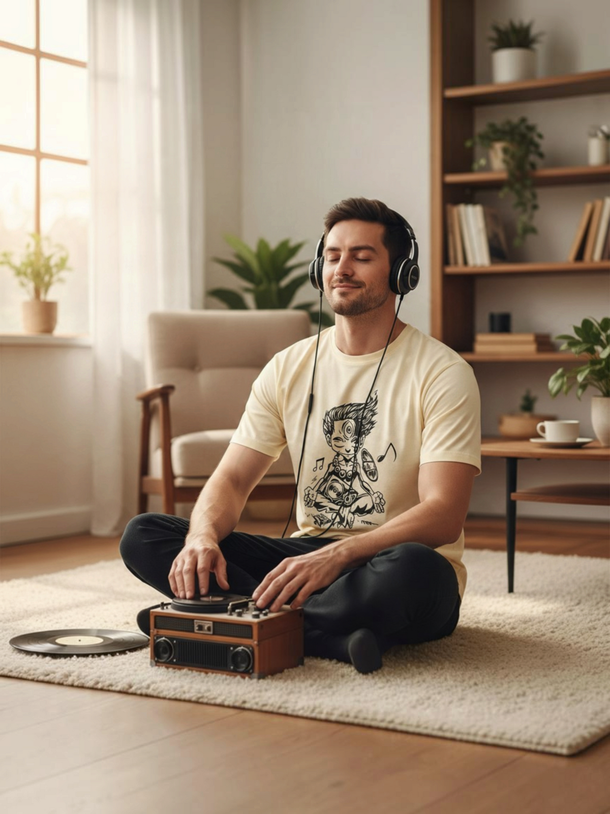 enaay.com beige cotton t-shirt with black meditating music yogi graphic worn by a man listening to music on a record