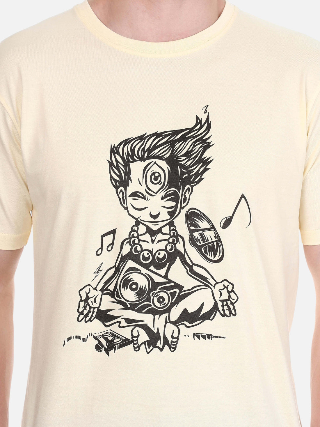 enaay.com men's beige cotton round neck t-shirt featuring a black meditating music yogi graphic print