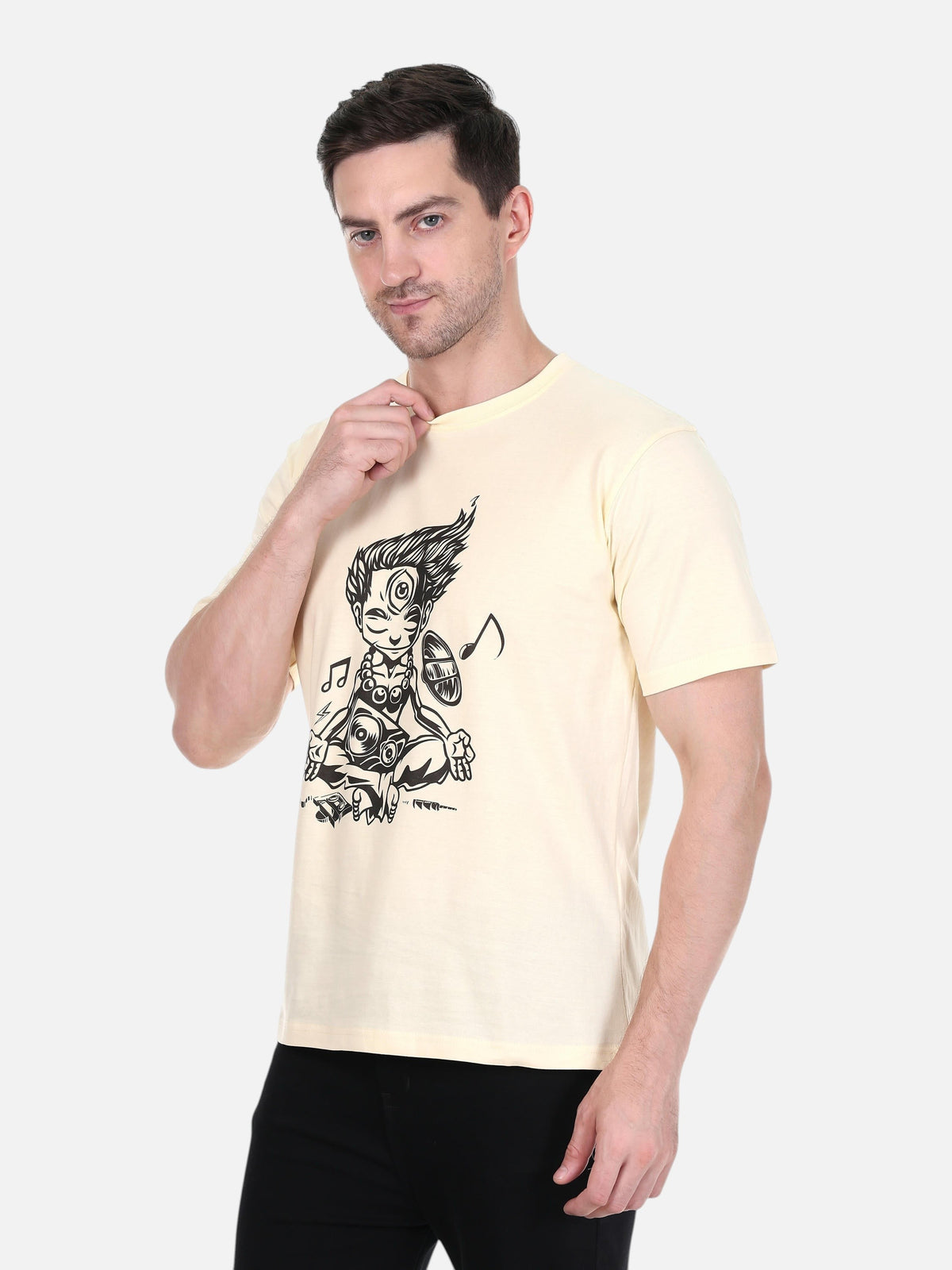 enaay.com beige cotton round neck t-shirt featuring a black meditating music yogi graphic print on a male model