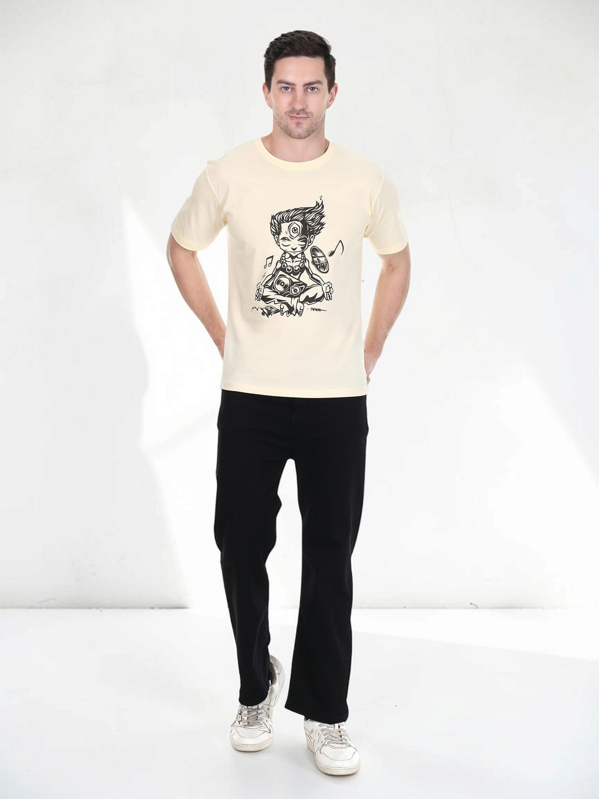 enaay.com beige cotton round neck t-shirt featuring a black meditating music yogi graphic print on a male model