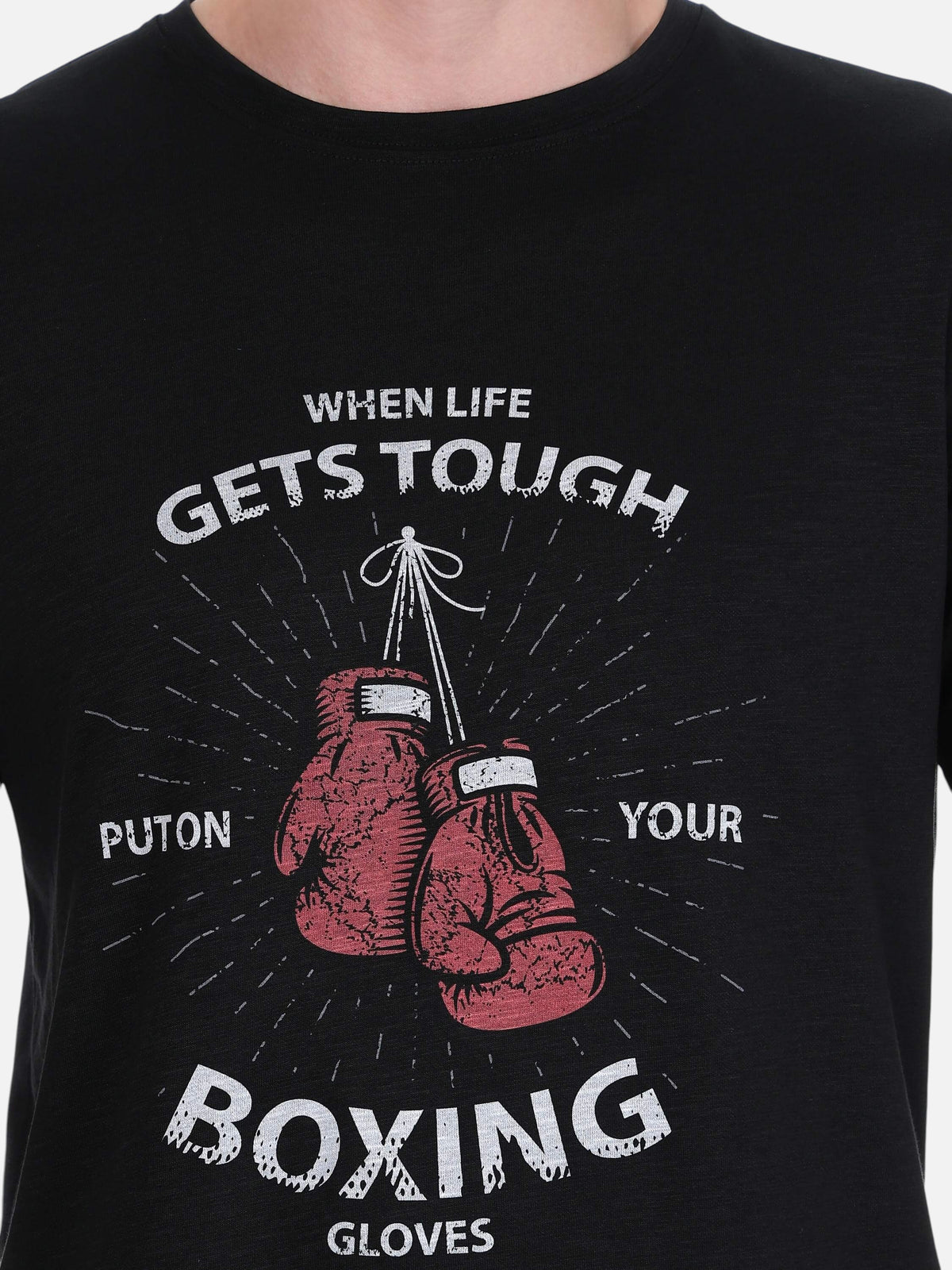 enaay.com black cotton t-shirt featuring red boxing gloves graphic and motivational text on the chest
