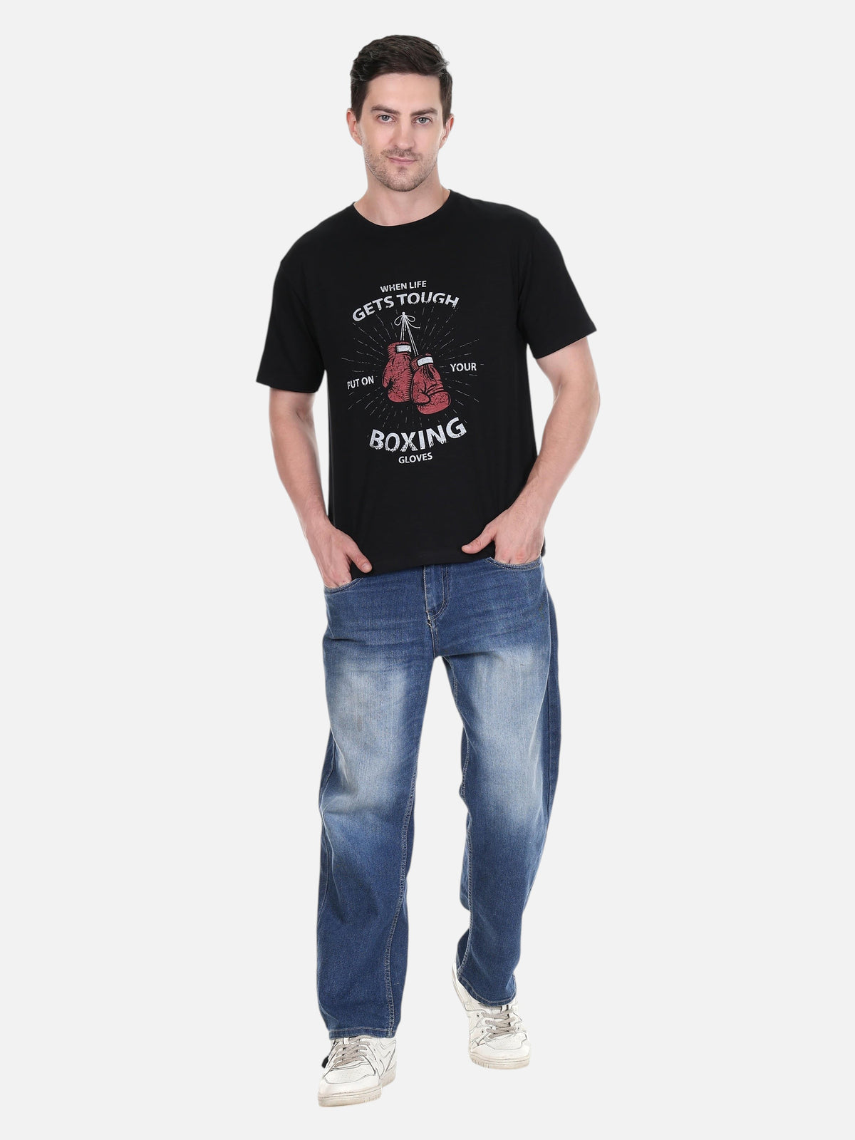enaay.com men's black cotton t-shirt featuring red boxing gloves graphic and motivational text, worn with blue jeans