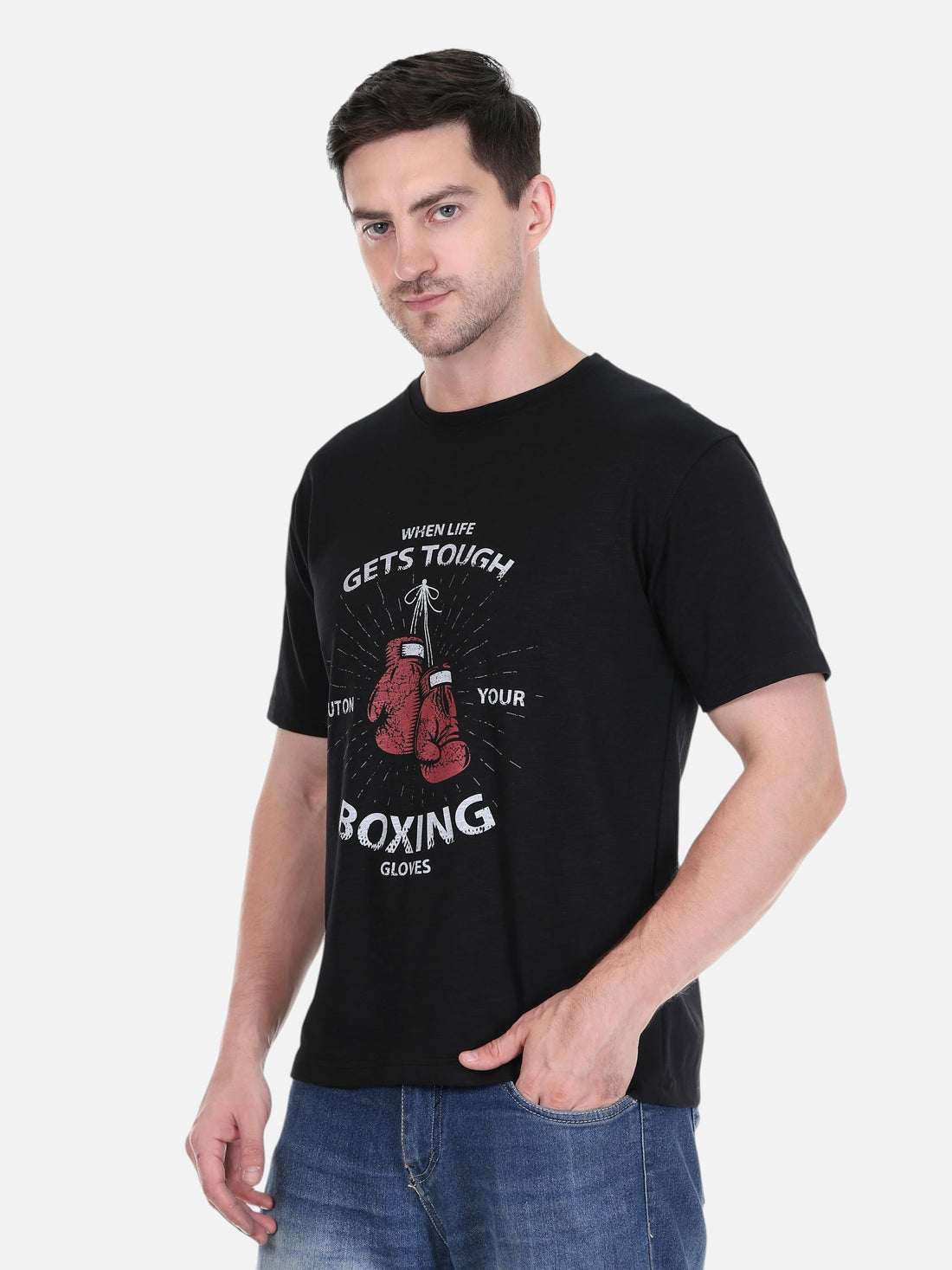 Model wearing an enaay.com black cotton t-shirt with red boxing gloves graphic and motivational text