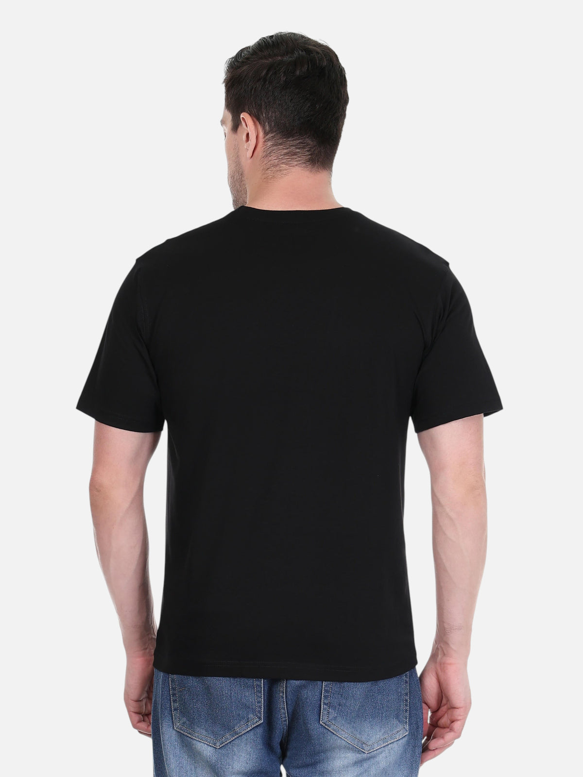 Back view of a man wearing a plain black enaay.com round neck cotton t-shirt with short sleeves