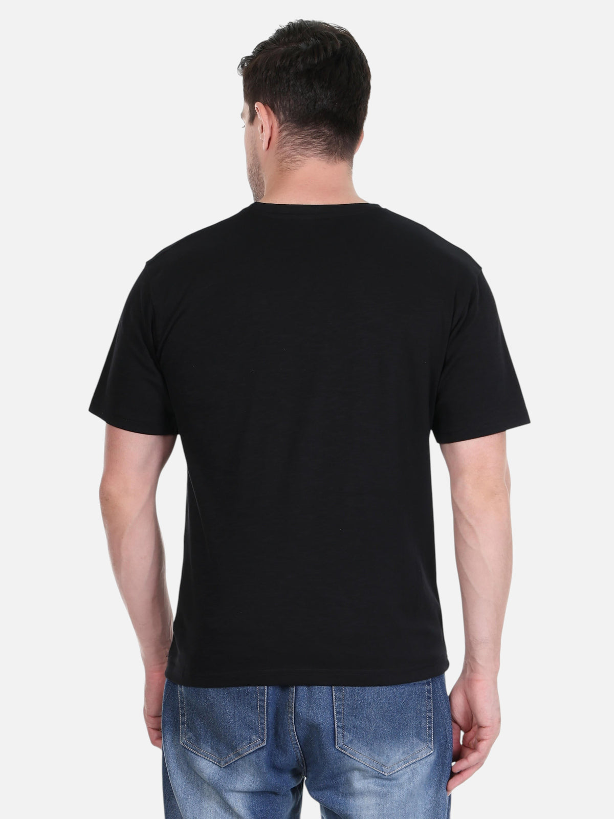 Back view of a man wearing an enaay.com black cotton round neck t-shirt with short sleeves and a regular fit