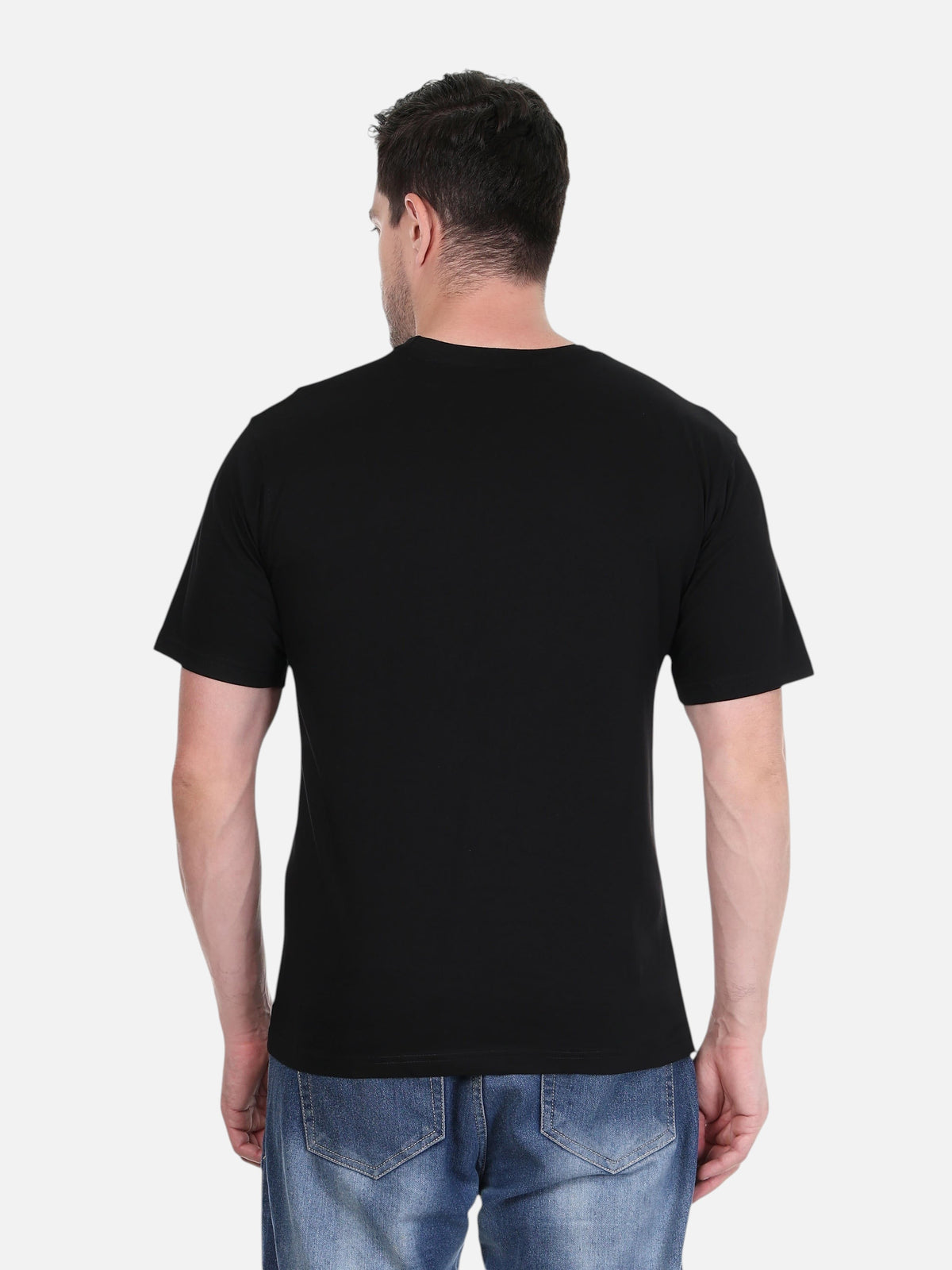 enaay.com men's regular fit black cotton round neck t-shirt, back view on a model wearing blue jeans