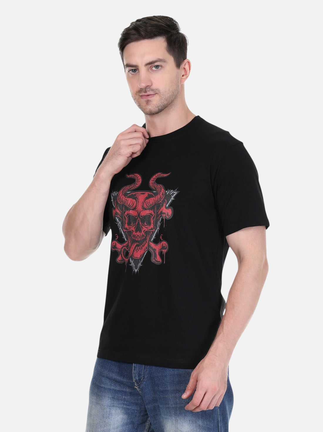 enaay.com men's black cotton crew neck t-shirt featuring a red demon skull graphic print with horns and crossbones