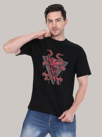 enaay.com men's black cotton crew neck t-shirt featuring a red demon skull graphic print with horns and crossbones