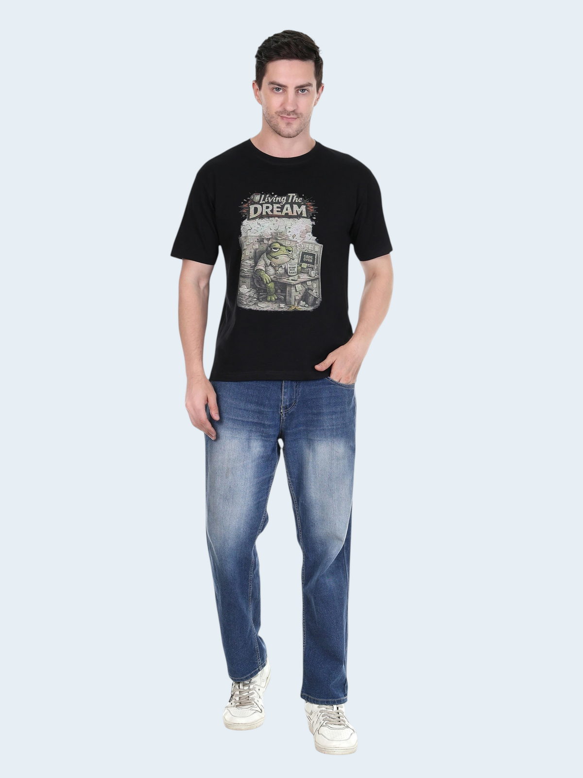 A man wearing an enaay.com black cotton crew neck t-shirt with a humorous frog office graphic print.
