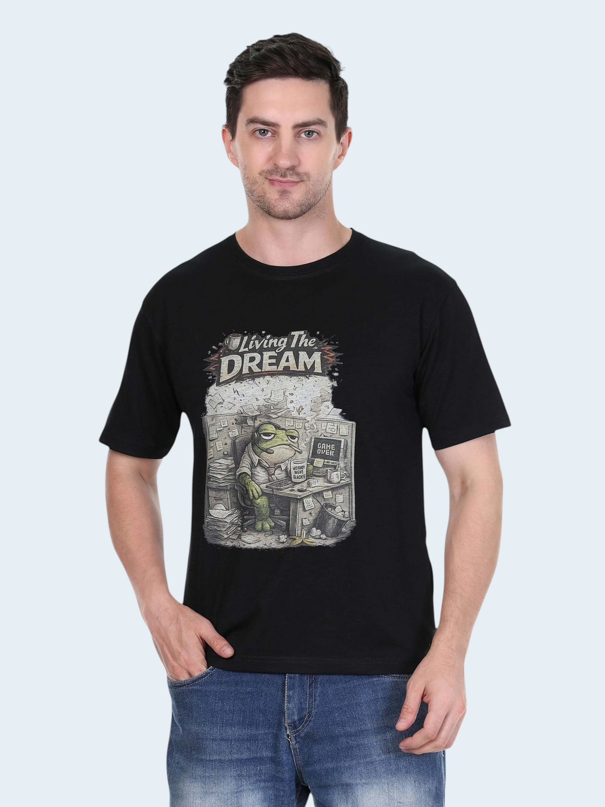enaay.com black cotton crew neck t-shirt featuring a funny frog office graphic with Living The Dream text