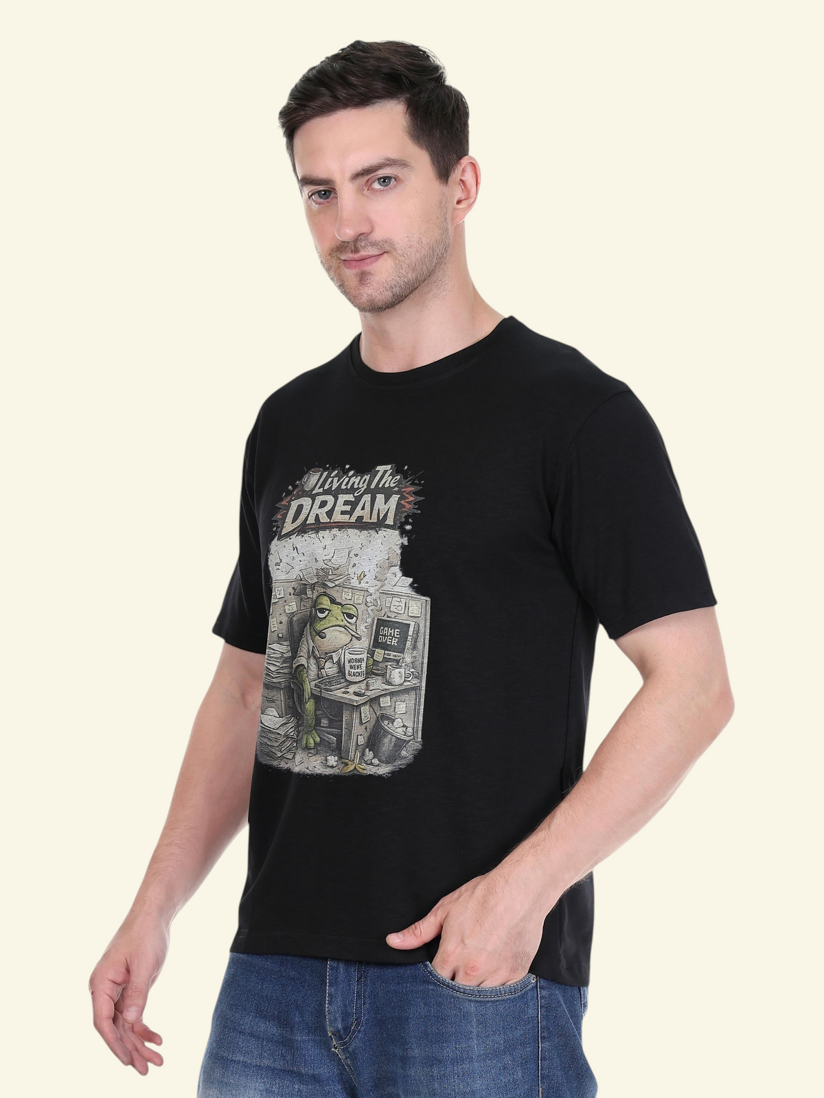 enaay.com black cotton crew neck t-shirt featuring a funny frog office graphic print on a male model