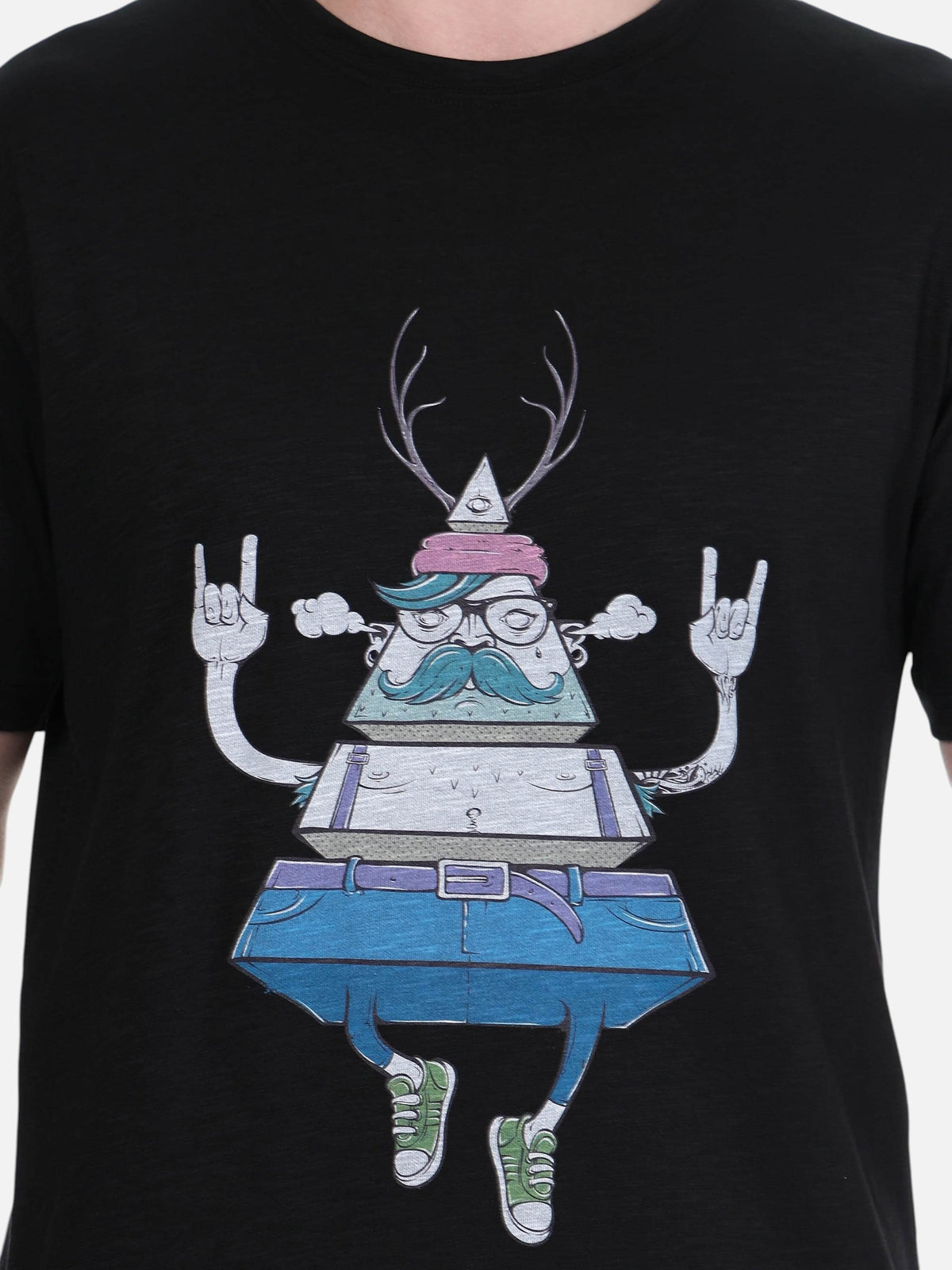 enaay.com black cotton t-shirt with a multicolour graphic of a pyramid character throwing rock hand signs