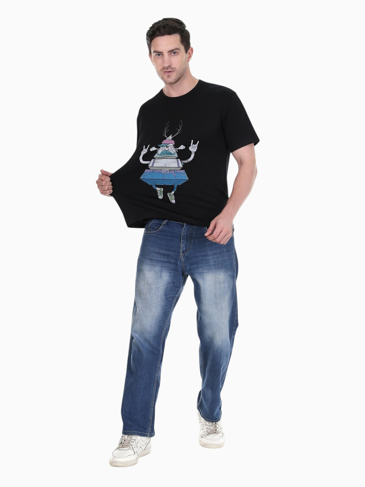 enaay.com black cotton crew neck t-shirt with a quirky pyramid character graphic print worn by a male model