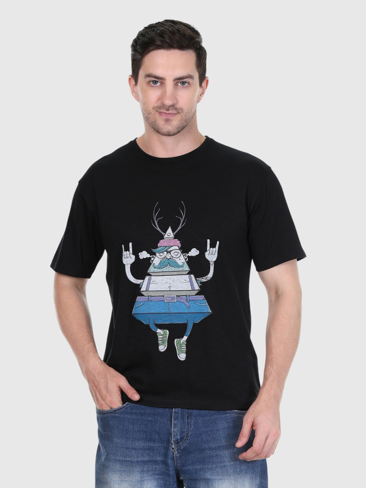 enaay.com black cotton t-shirt with a multicolour graphic of a pyramid character throwing rock hand signs