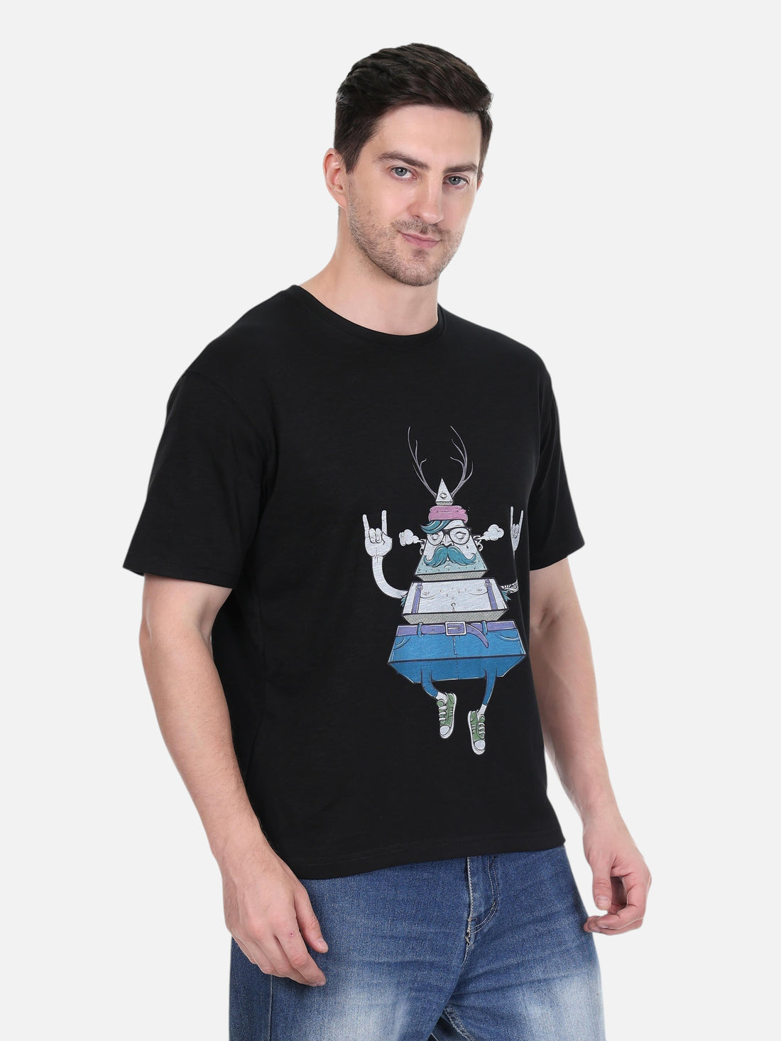 enaay.com black cotton t-shirt with a multicolour graphic of a pyramid character throwing rock hand signs