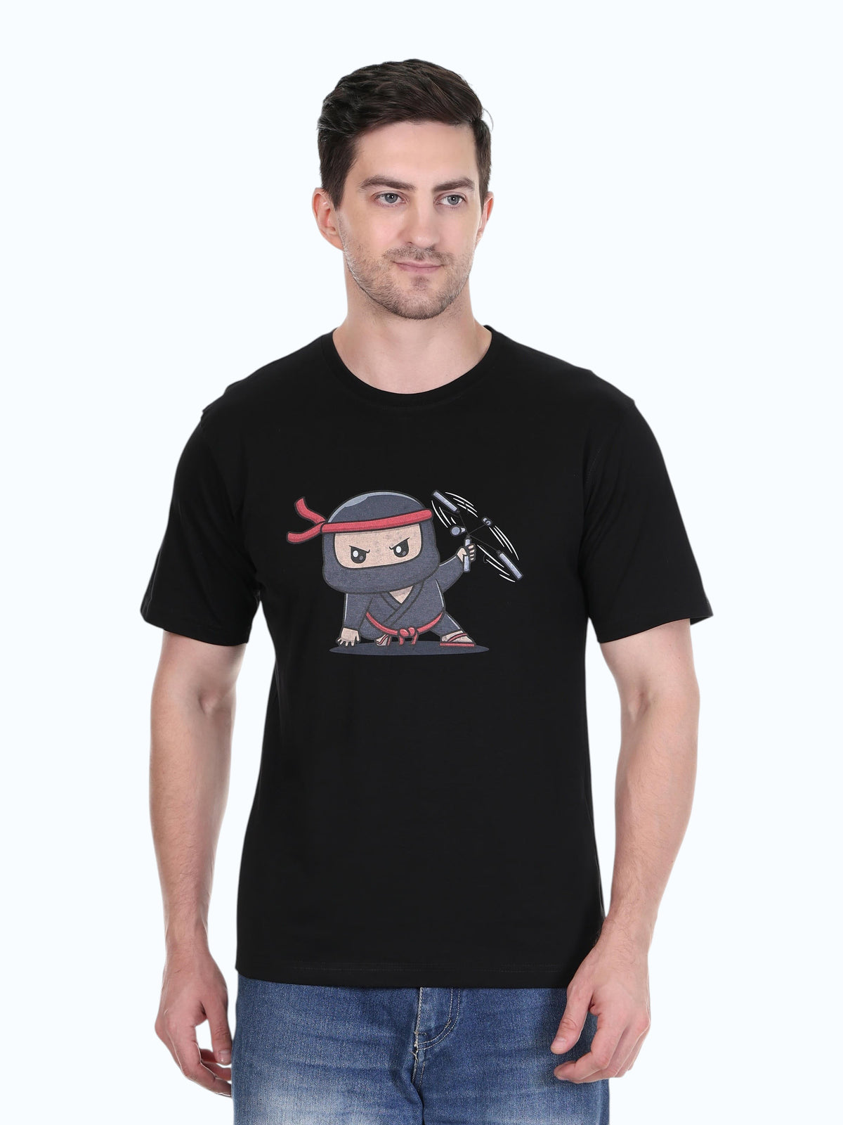 enaay.com men's black cotton t-shirt featuring a cartoon ninja warrior graphic print and a classic round neck