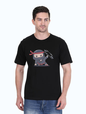 enaay.com men's black cotton t-shirt featuring a cartoon ninja warrior graphic print and a classic round neck
