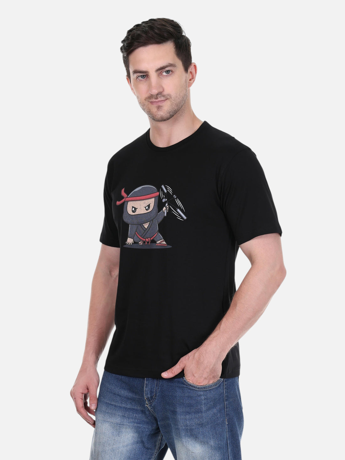 enaay.com men's black cotton t-shirt featuring a cartoon ninja warrior graphic print and a classic round neck
