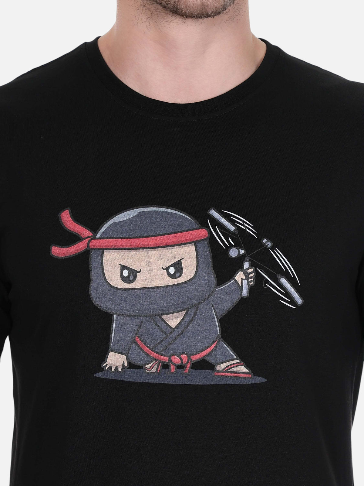 enaay.com men's black cotton round neck t-shirt featuring a cartoon ninja warrior graphic print on the chest