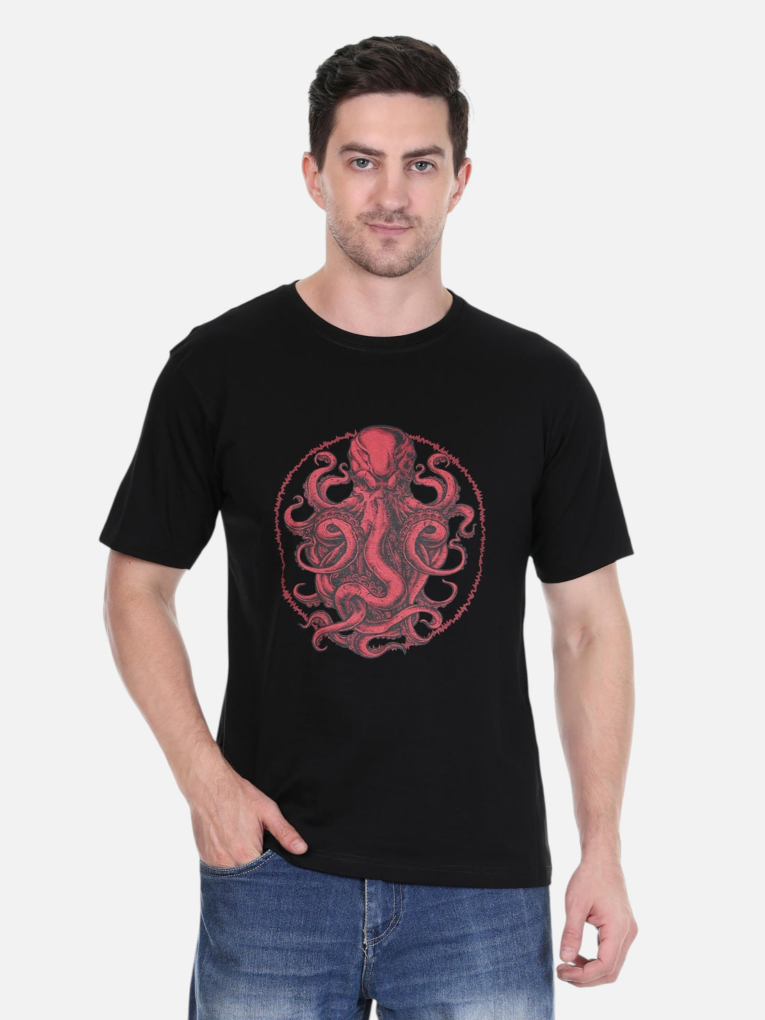 A man wearing an enaay.com black cotton round neck t-shirt with a detailed red circular octopus graphic print.