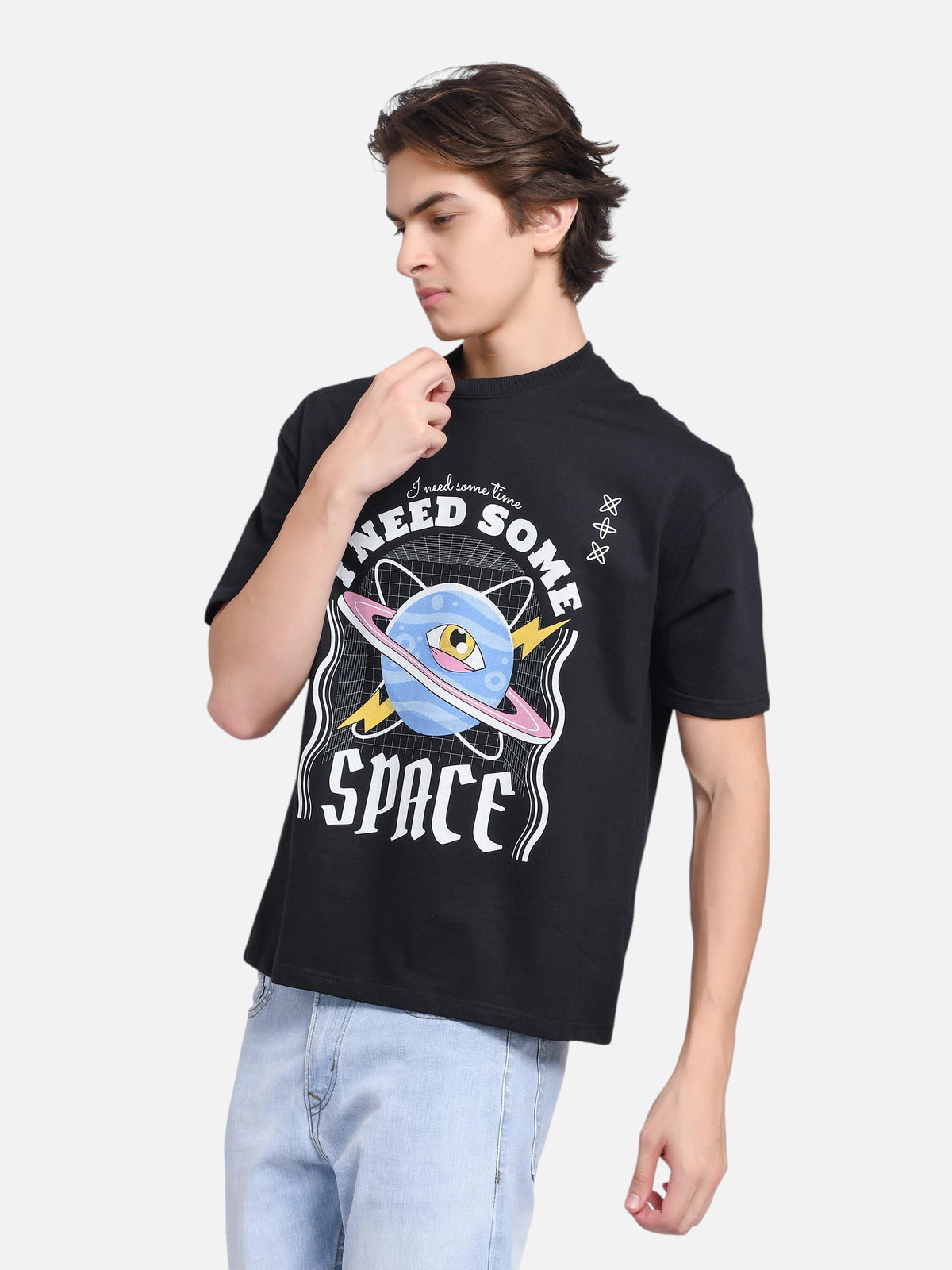 enaay.com men's black oversized crew neck t-shirt with cosmic planet graphic print and I Need Some Space text