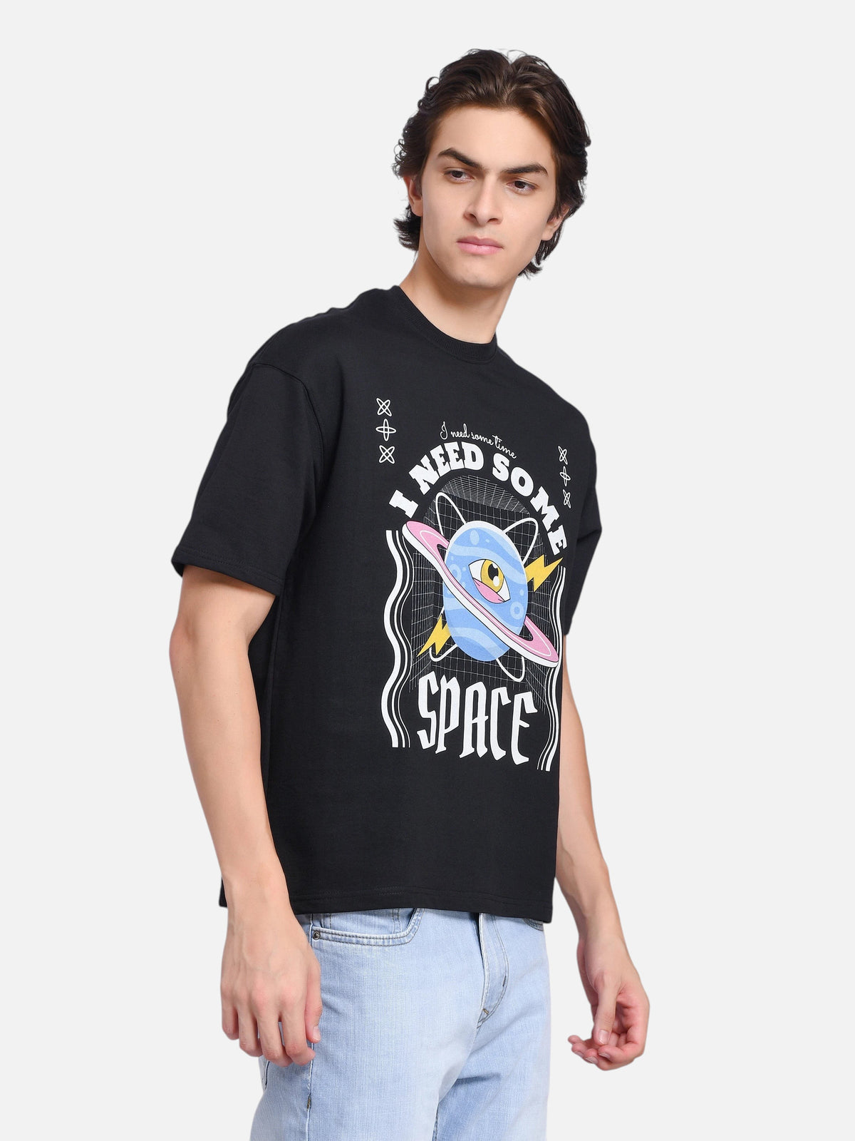 enaay.com men's black oversized t-shirt with cosmic I Need Some Space graphic print on the front