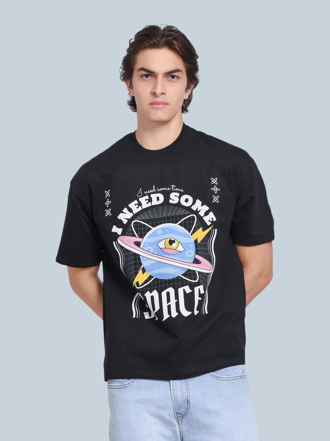 enaay.com men's black oversized t-shirt with cosmic planet and eye graphic print on the front, crew neck, boxy fit.