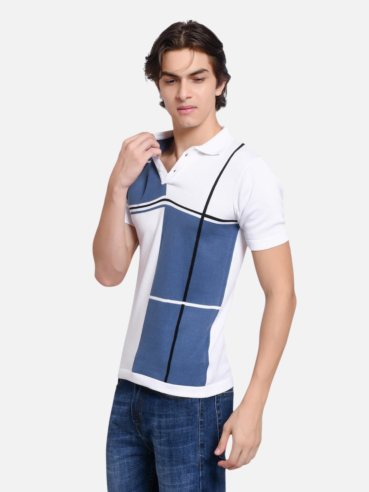 enaay.com men's blue and white color block knit polo shirt with black stripe accents worn by a male model