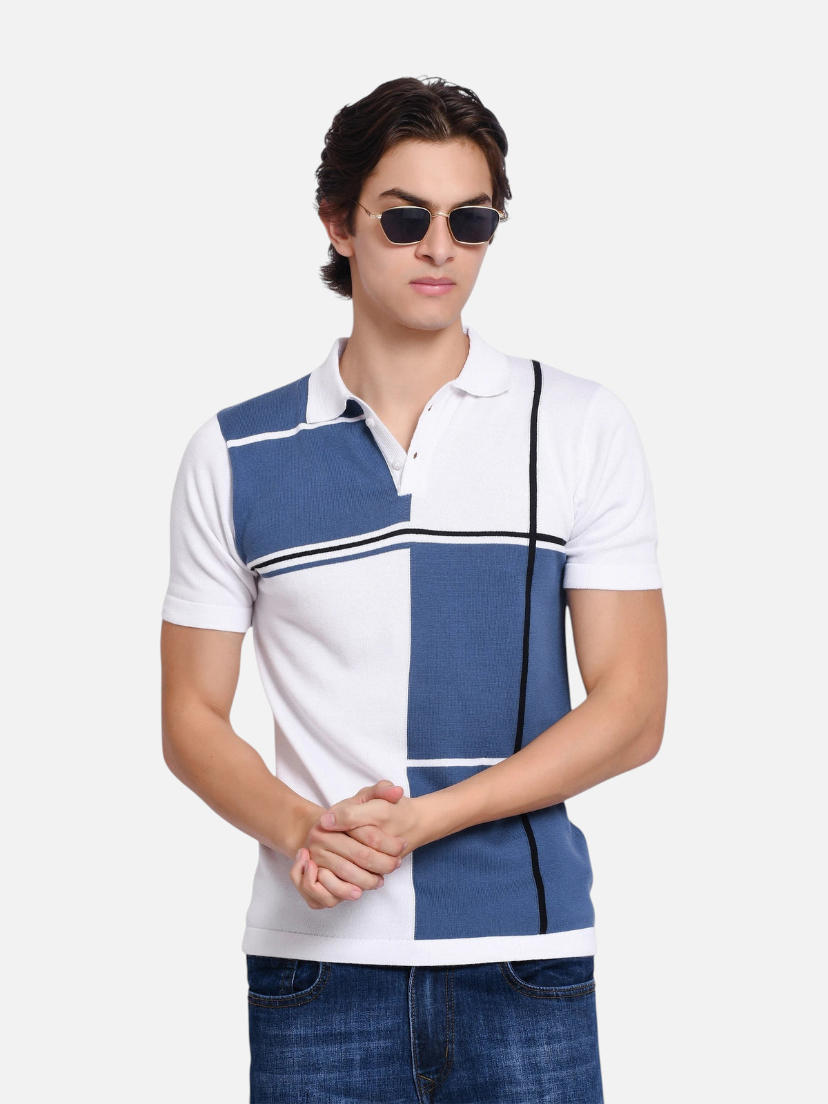 enaay.com men's blue and white color block knit polo shirt with black stripe details worn by a model in sunglasses