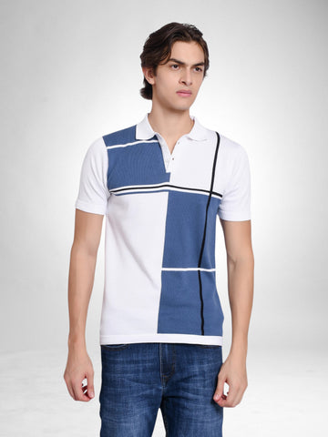 Model wearing an enaay.com blue and white color block knit polo shirt with black stripe accents and a button placket.