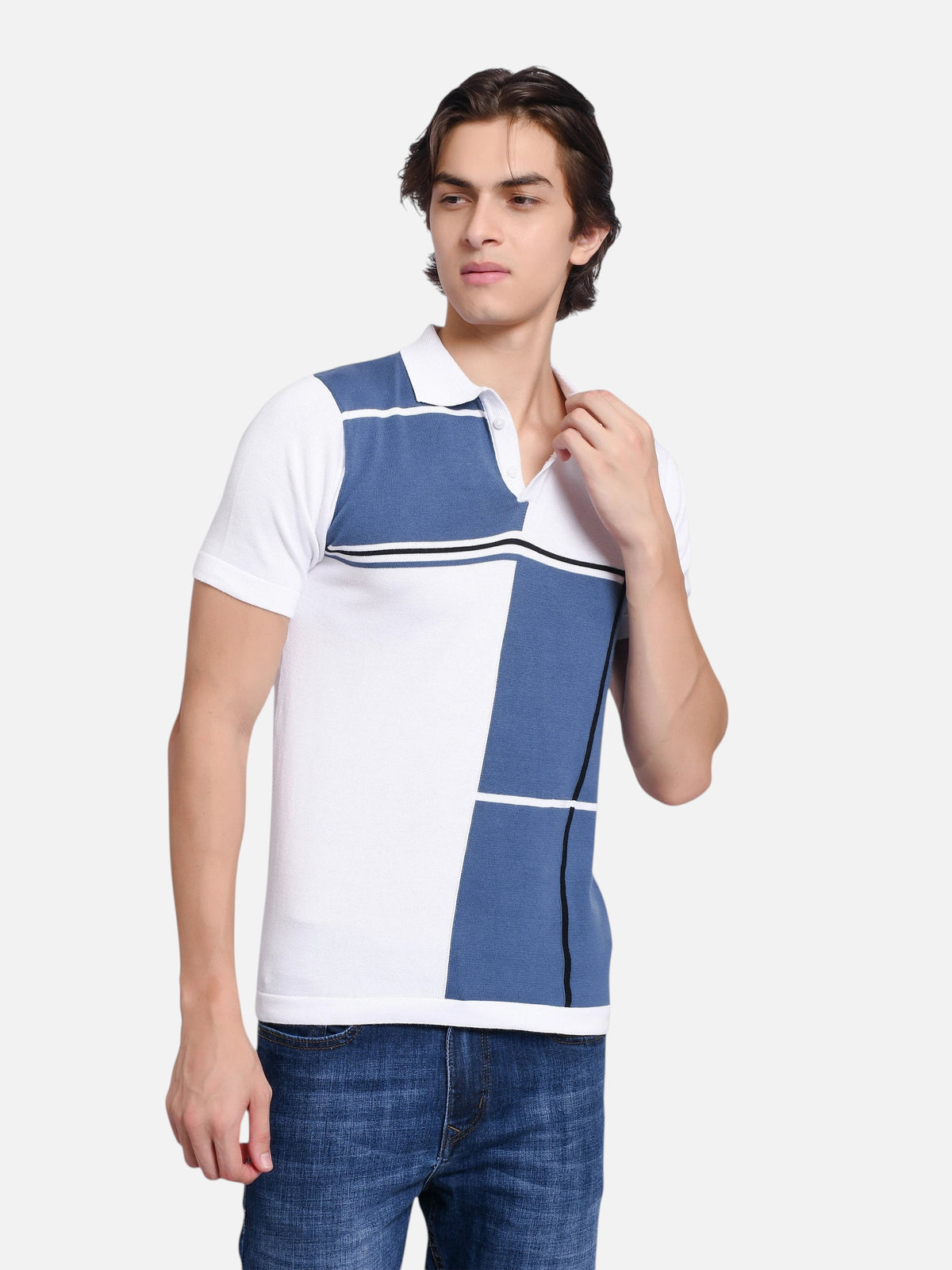 enaay.com men's blue and white color block knit polo shirt with black stripe details worn by a model