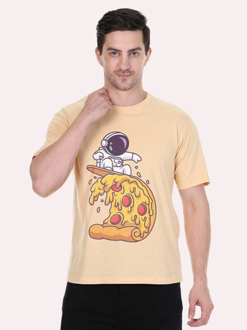 enaay.com camel cotton t-shirt featuring a playful graphic of an astronaut surfing on a giant slice of pizza