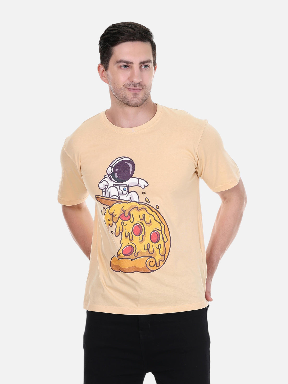 Man wearing a camel enaay.com cotton t-shirt with an astronaut surfing a pizza slice graphic print.