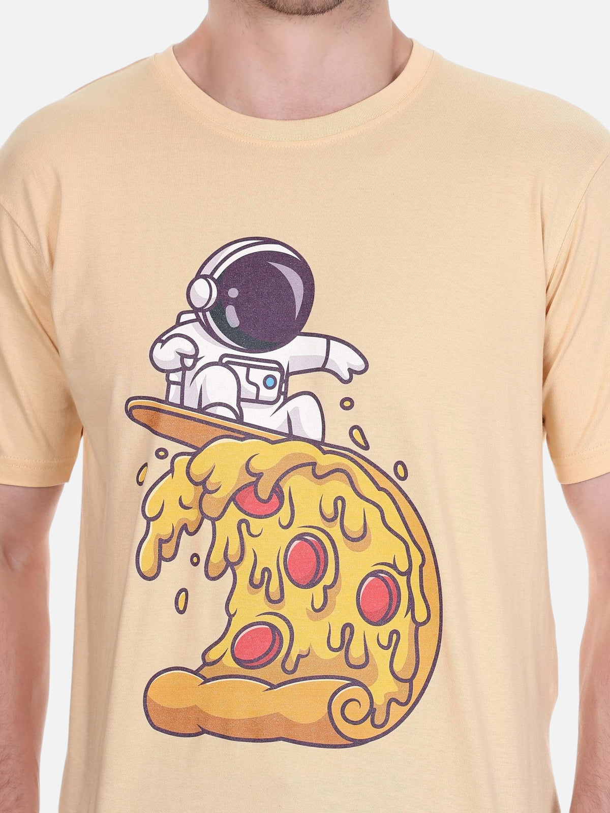 enaay.com camel cotton t-shirt featuring a graphic print of an astronaut surfing on a giant slice of pepperoni pizza