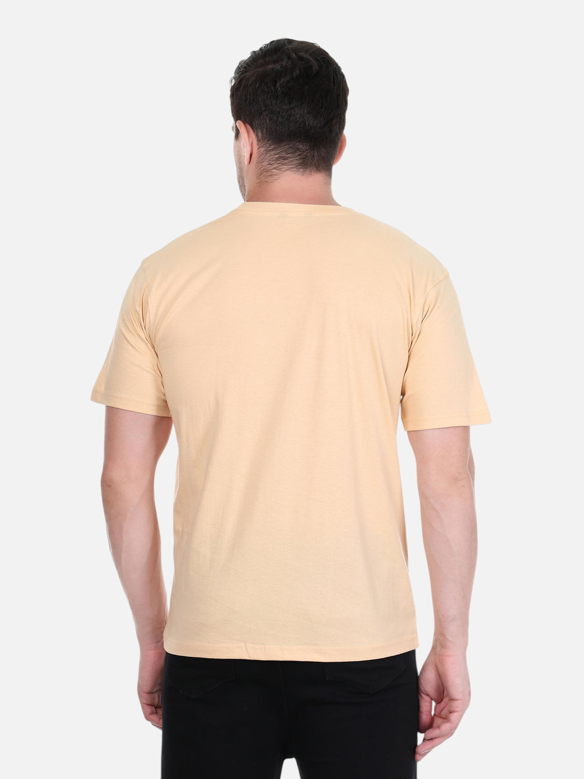 Back view of a man wearing an enaay.com camel solid premium cotton crew neck t-shirt with short sleeves.
