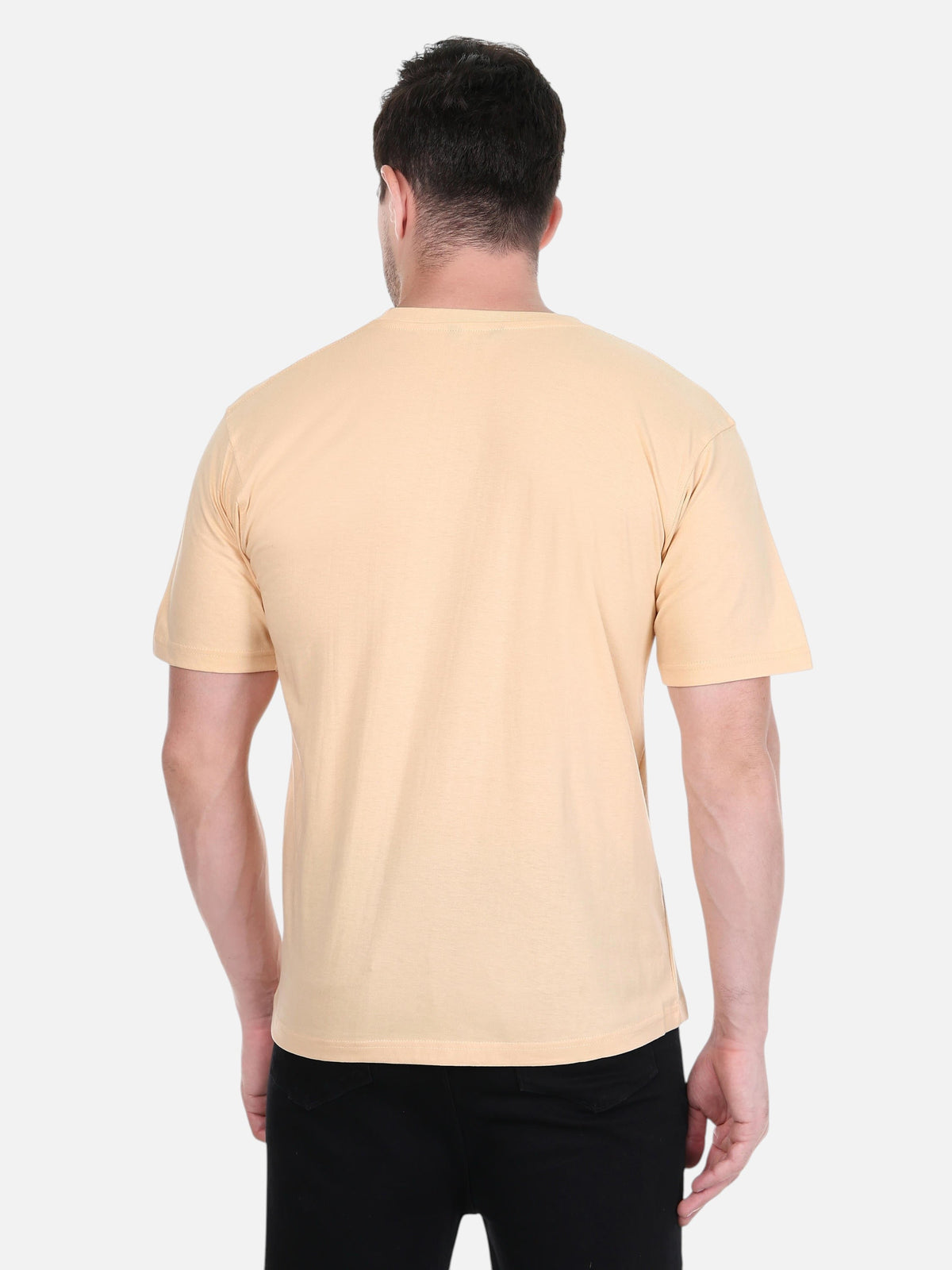 Back view of a man wearing an enaay.com camel-colored premium cotton crew neck t-shirt with short sleeves.